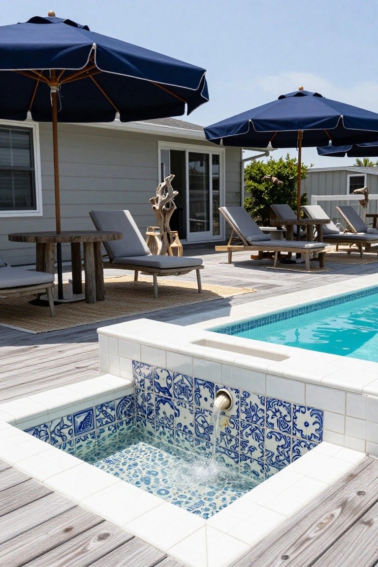 Wooden deck around a swimming pool with navy umbrellas, wooden loungers and table, and a square white fountain tiled in blue intricate patterns with water flowing from a spout into the pool.