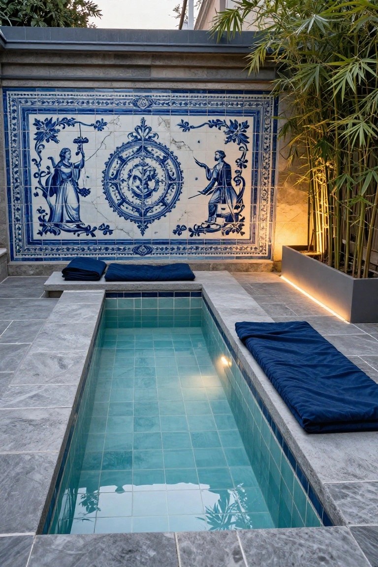 Narrow turquoise-tiled plunge pool edged in gray stone decking, backed by a large blue and white ornate ceramic tile mural on a wall flanked by bamboo plants, with folded blue towels on the deck.