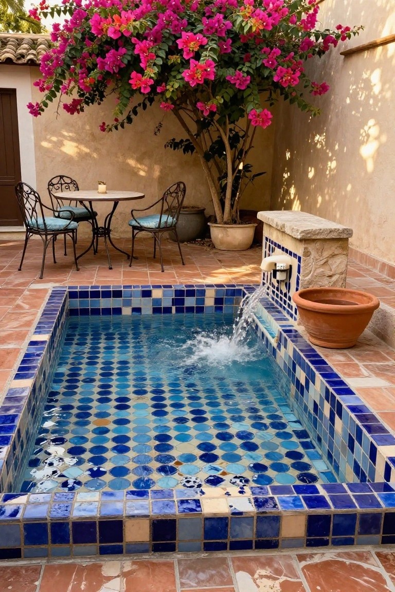 A small rectangular courtyard pool lined with irregular blue mosaic tiles and a wall-mounted fountain pouring water, surrounded by terracotta flooring, wrought-iron furniture on a patio, potted plants, and pink bougainvillea against beige stucco walls.