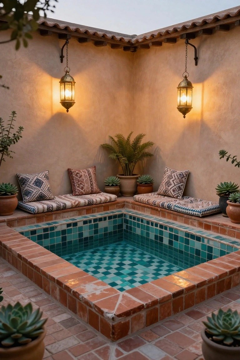 A small square plunge pool lined with checkered teal mosaic tiles, surrounded by built-in brick benches with patterned cushions, potted succulents, ferns, and hanging metal lanterns against a textured beige wall.