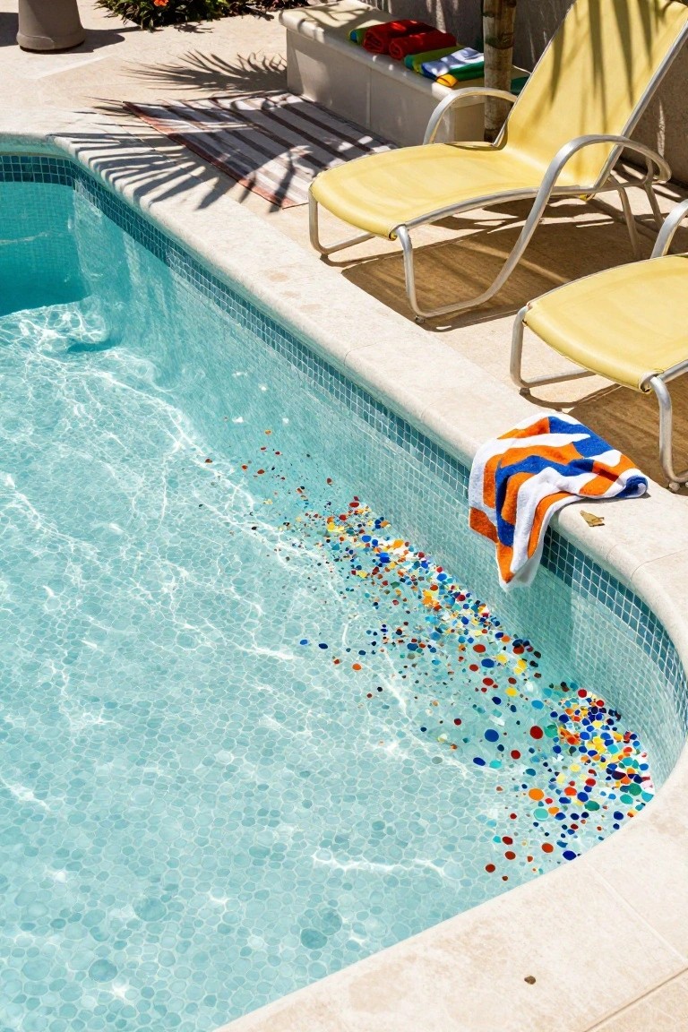Turquoise swimming pool with colorful glass tile pieces on the bottom near the edge, yellow lounge chairs nearby, and a striped towel draped over the side.