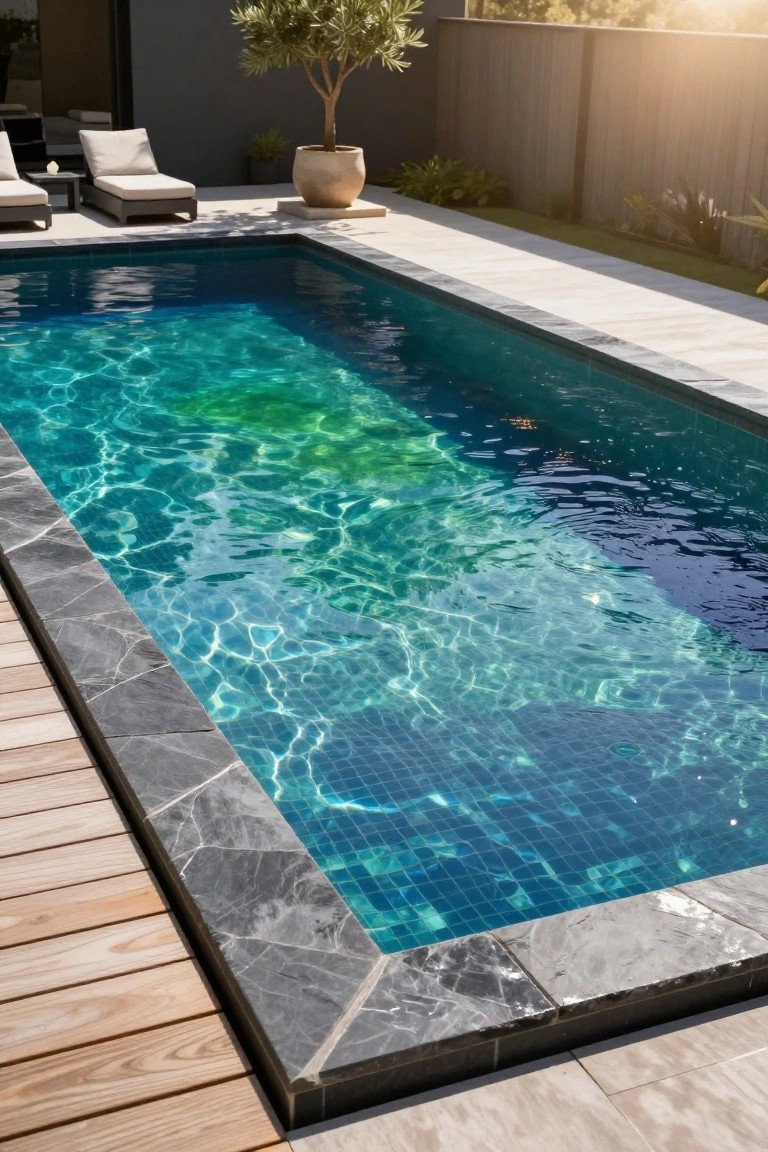 Rectangular inground pool with dark gray marble coping tiles around the edges, blue mosaic pool bottom, adjacent wooden decking, light stone pavers, lounge chairs, potted olive tree, and greenery in a sunny backyard.