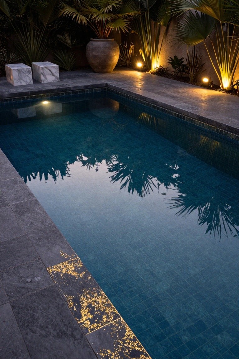 Rectangular turquoise mosaic pool at dusk edged by dark slate pavers with gold metallic flecks, marble cube stools, large terracotta pot, tropical plants, and uplights.