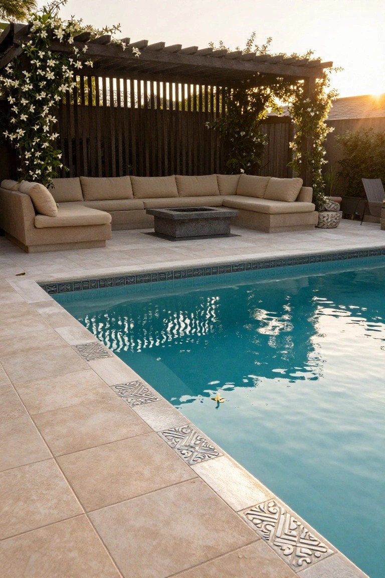 Beige travertine pool deck with dark decorative patterned tile inserts along the edge of a turquoise pool, next to a wooden pergola-covered seating area with beige L-shaped sofa and stone fire pit.