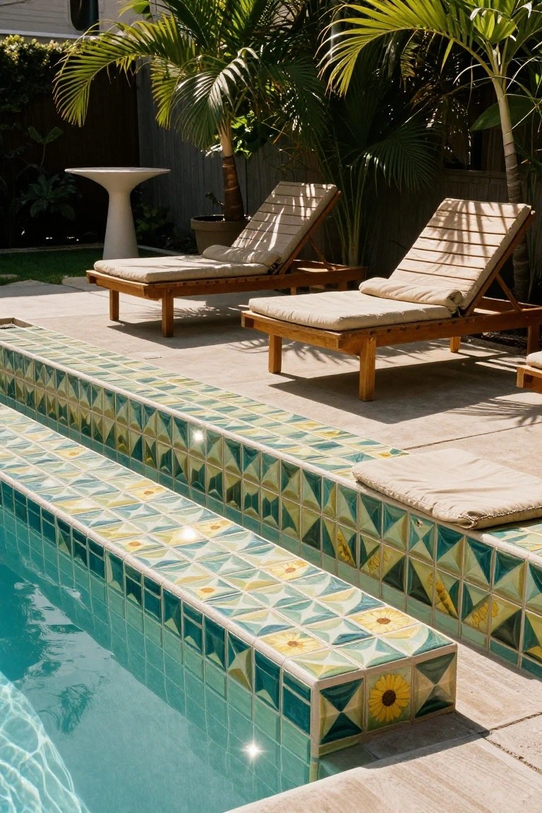 Turquoise pool water with adjacent steps covered in glossy teal, green, and yellow geometric tiles featuring sunflower designs, wooden lounge chairs with beige cushions, palm trees, and a white pedestal table on a wooden deck.