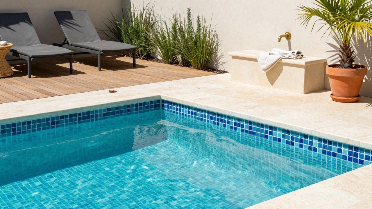Small rectangular pool lined with turquoise glass mosaic tiles and dark blue waterline tiles, edged in beige travertine, with wooden sun loungers, a bench holding a white towel, potted palm tree, and low green plants nearby.