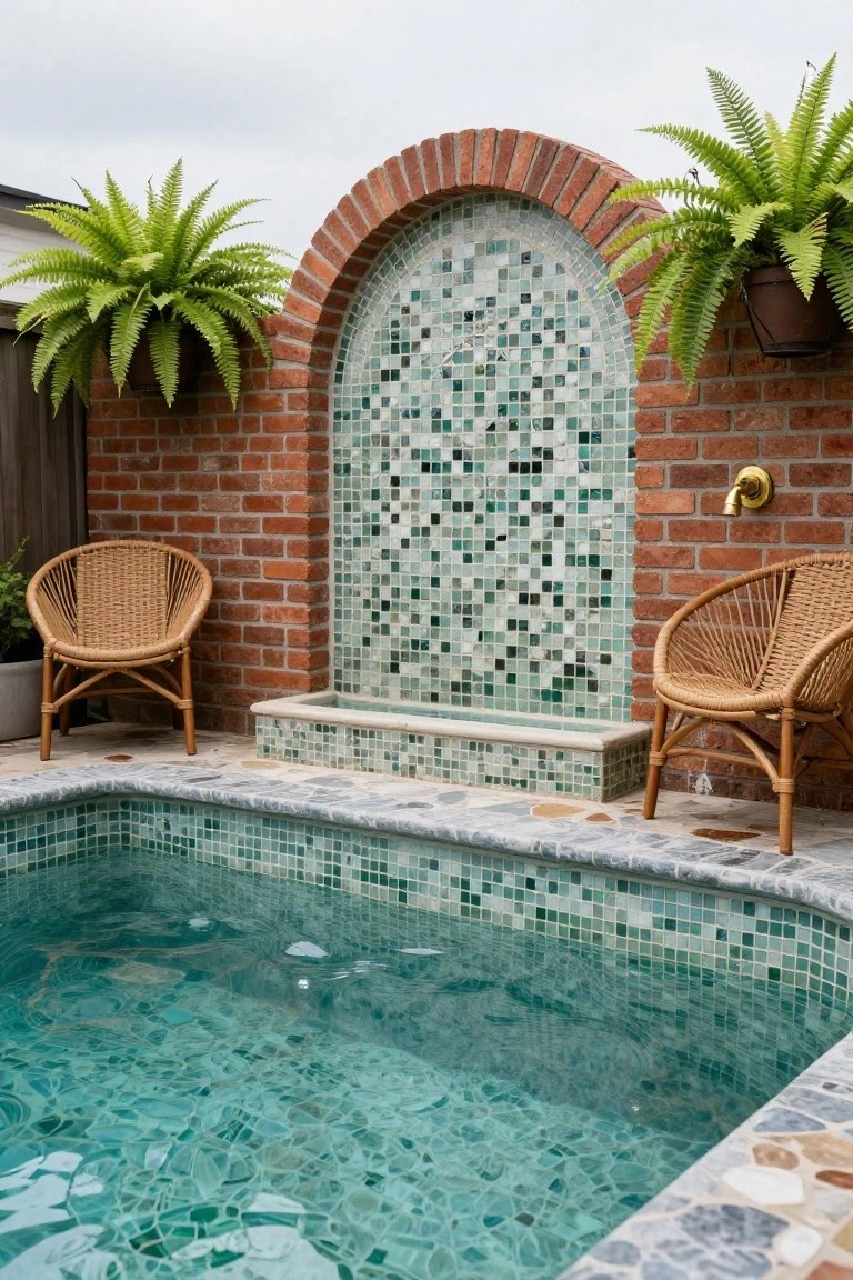 Small rectangular pool with green glass mosaic tiles, next to a brick wall with arched green mosaic fountain, two rattan armchairs, and hanging ferns in pots.