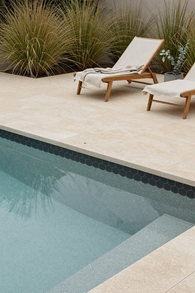Pool edged with light beige stone decking and black hexagonal tiles at the waterline, flanked by two white canvas loungers with towels draped over them and tall grasses nearby.