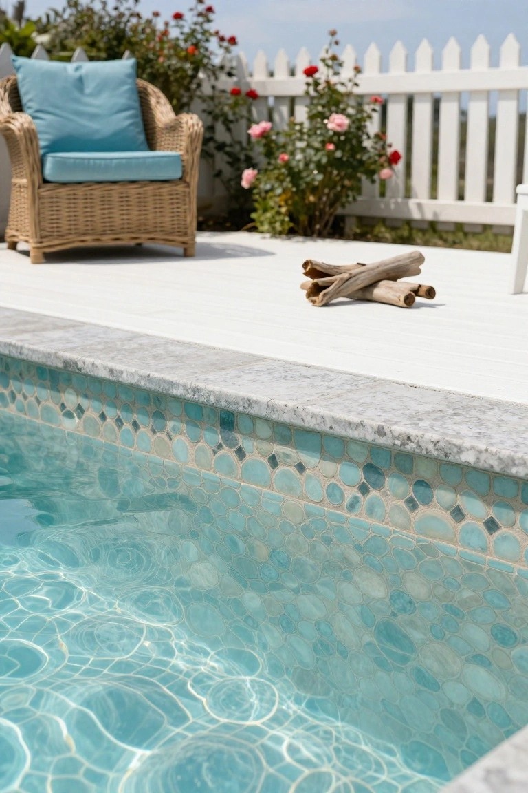Pool edge with blue and green glass mosaic tiles in pebble shapes, white wooden deck with driftwood pieces, wicker chair with blue cushion, roses against white picket fence.