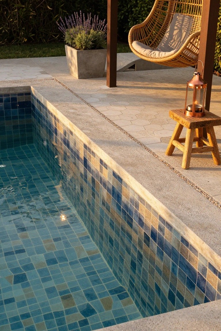 Close-up of a pool edge lined with small blue and teal mosaic tiles, adjacent to a light gray hexagonal tiled patio, with a wooden stool holding a lantern, potted plants, and a hanging rattan swing nearby.