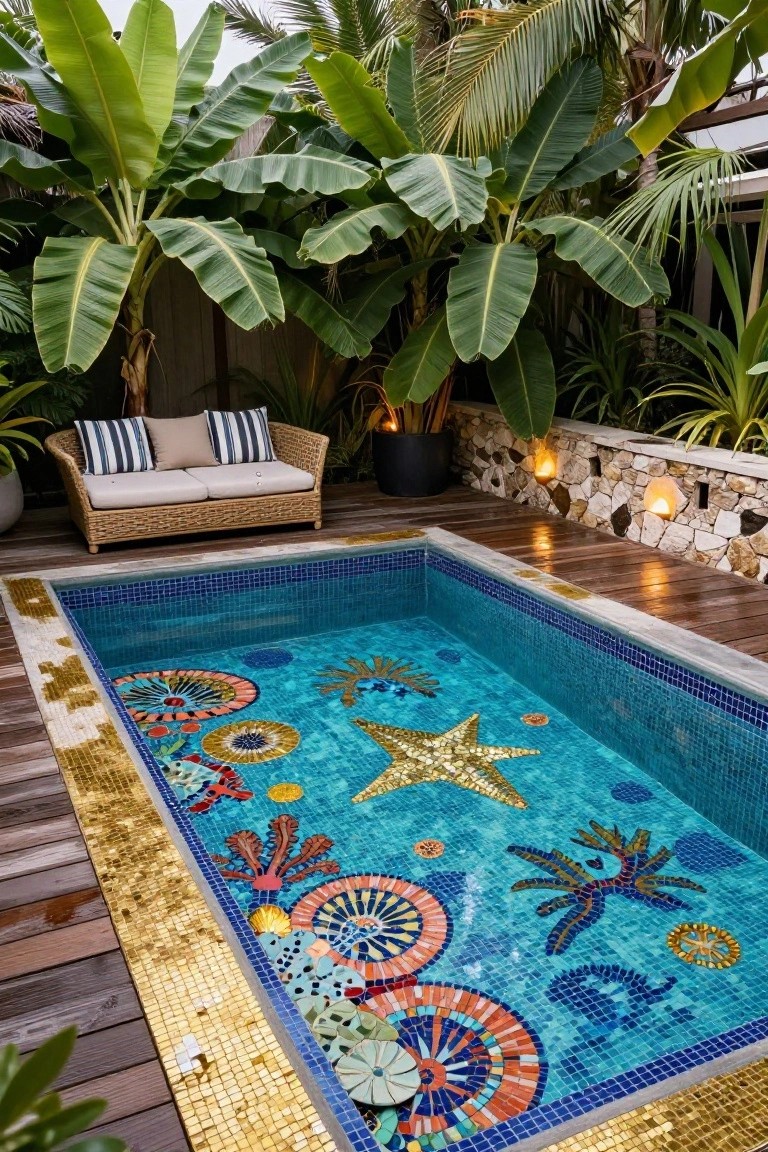 Rectangular pool with blue water over colorful mosaic tiles showing a central gold starfish, corals, shells, and sea creatures, bordered by gold tiles on a wooden deck surrounded by tropical plants, stone walls, lanterns, and a rattan sofa.