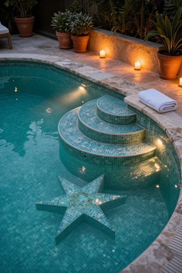 Turquoise mosaic-tiled pool with a large star-shaped mosaic on the floor, curved mosaic steps at one end, white towel on the edge, potted plants and tea light candles on the surrounding stone deck.