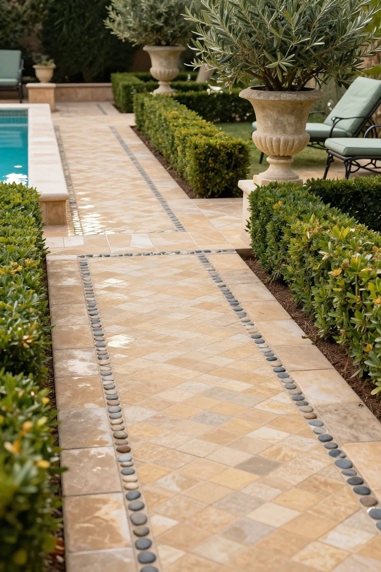 Poolside path of beige diamond-patterned stone tiles with black pebble borders along the edges, flanked by trimmed green hedges, large olive trees in urns, and green lounge chairs.