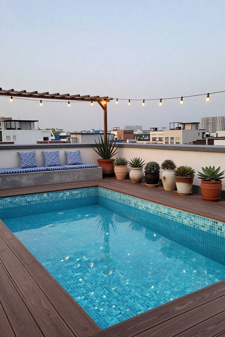 Rooftop pool with blue mosaic tiles and clear water, surrounded by brown wooden decking, potted succulents and agaves, blue patterned cushions on a concrete bench, wooden pergola with string lights, and urban buildings in the background at dusk.