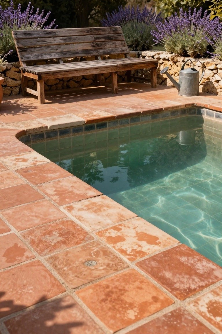 Small in-ground pool with turquoise tiles edged by weathered terracotta pavers, wooden bench against a stone wall with lavender plants and a metal watering can.