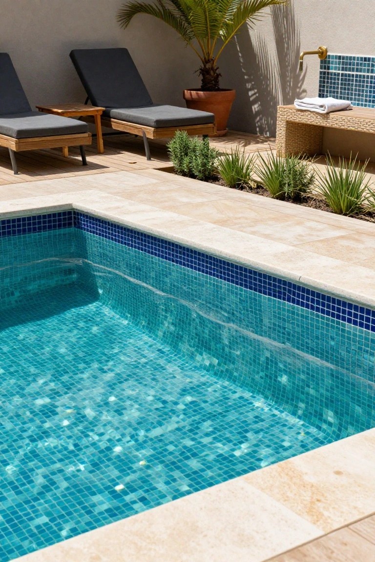 Small rectangular pool lined with turquoise glass mosaic tiles and dark blue waterline tiles, edged in beige travertine, with wooden sun loungers, a bench holding a white towel, potted palm tree, and low green plants nearby.