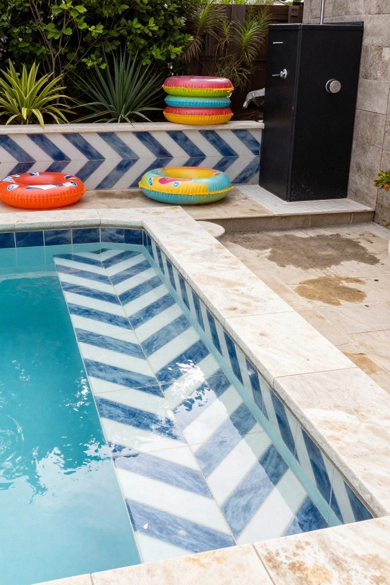 Backyard swimming pool with blue and white zigzag-patterned tiles on the steps and edges, colorful inflatable rings stacked nearby, tropical plants, and a black outdoor shower enclosure on a stone deck.