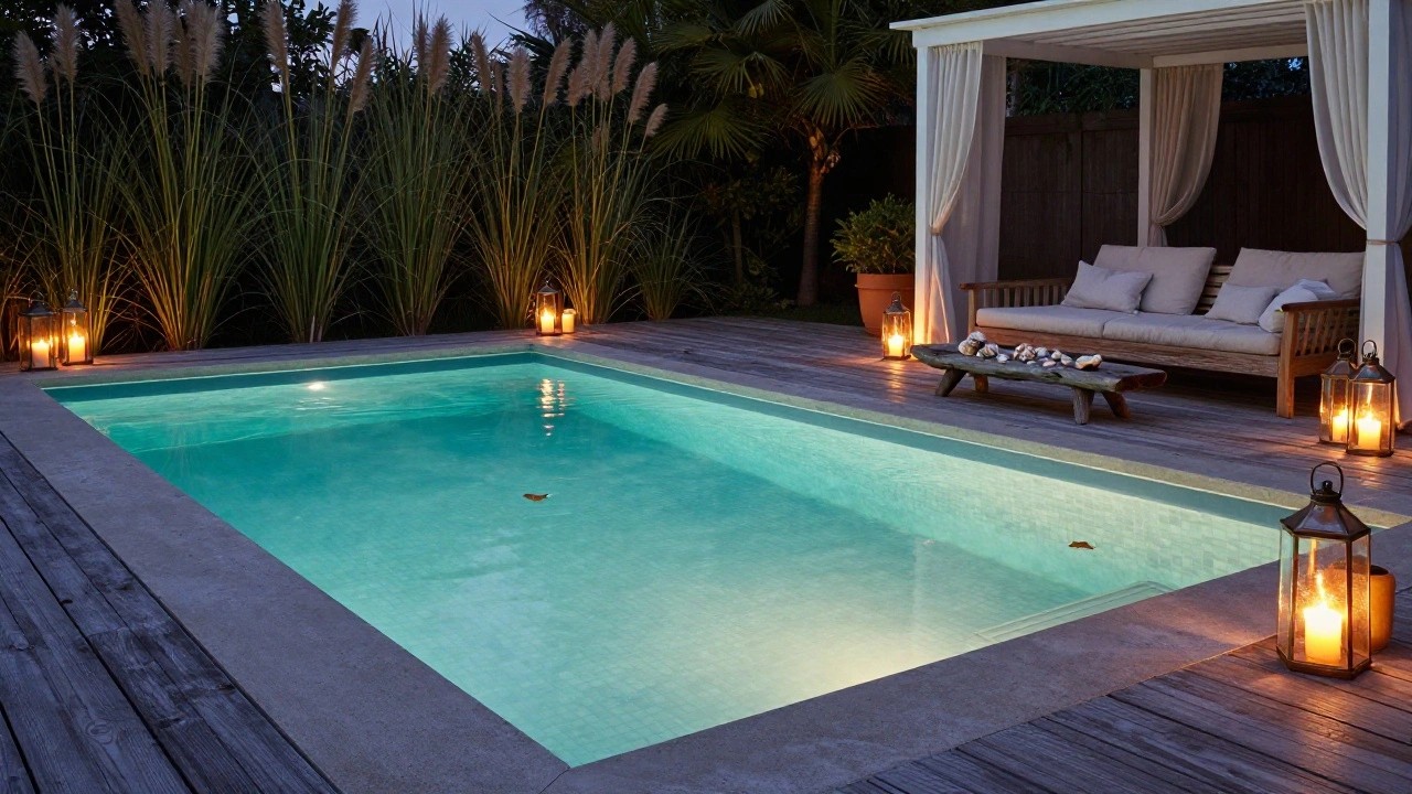 Backyard pool at dusk with white pergola draped in sheer curtains, pampas grass plants, wooden daybed with cushions, several lit lanterns, and a driftwood table holding candles and shells floating in the water.