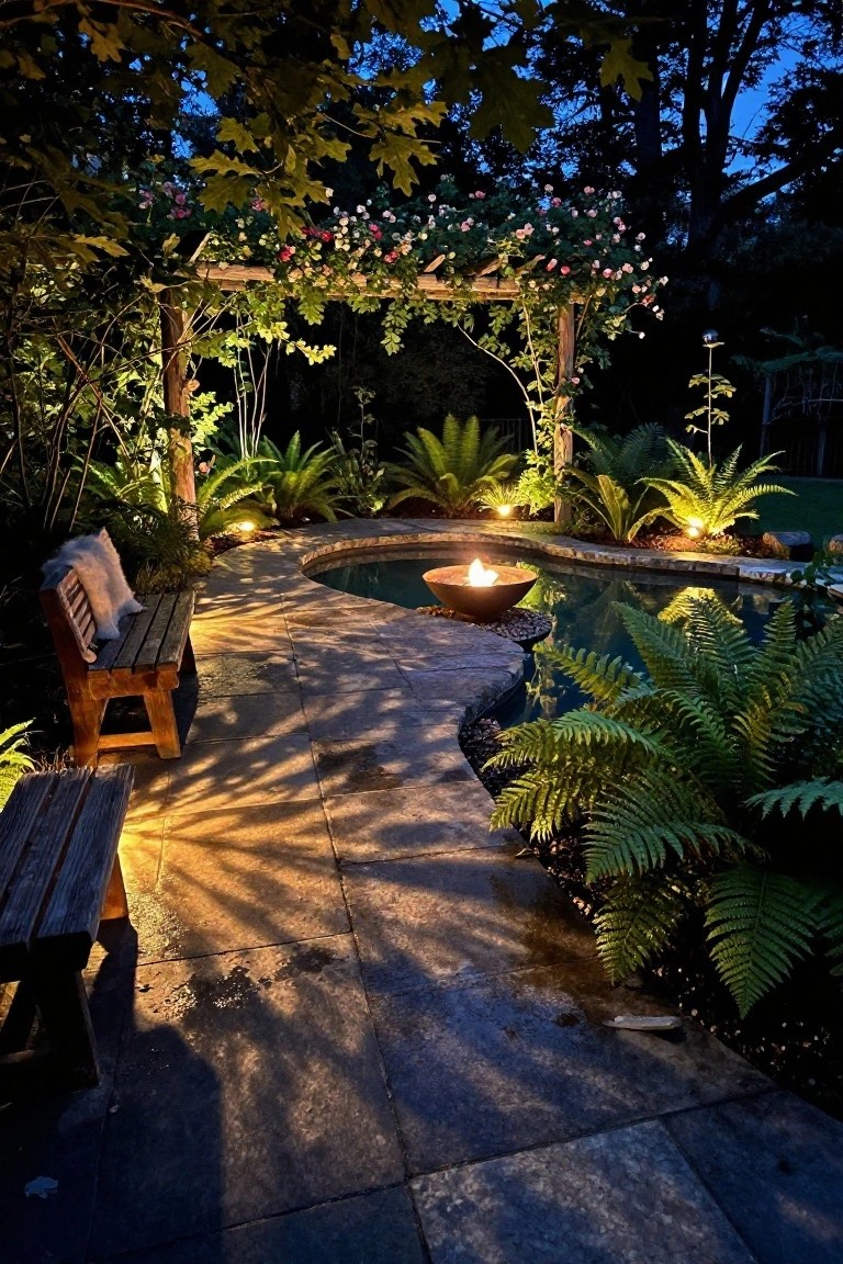 21 Dreamy Pool Mood Lighting Ideas For Soft Evening Vibes Curved pool at dusk with a lit bronze fire bowl embedded in the edge, wooden bench on a stone path nearby, surrounded by ferns, palms, and a rose-covered wooden arbor, landscape lighting along the ground.