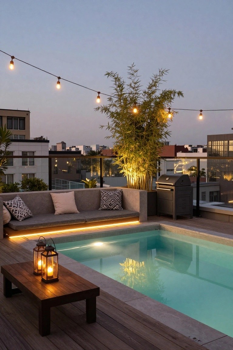21 Dreamy Pool Mood Lighting Ideas For Soft Evening Vibes Rooftop terrace at dusk with small rectangular pool, L-shaped gray sofa, wooden table holding lanterns, black barbecue grill, tall bamboo plant, glass railing, and string lights overhead against city buildings.