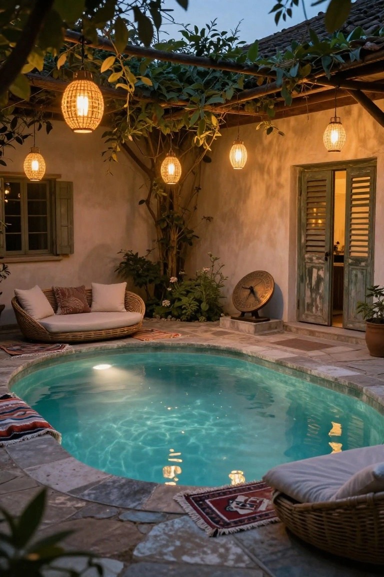 21 Dreamy Pool Mood Lighting Ideas For Soft Evening Vibes Small turquoise pool in a vine-covered courtyard with stone paving, rattan lounge chairs, potted plants, a large bronze gong, and multiple hanging woven lanterns illuminating the space at dusk.