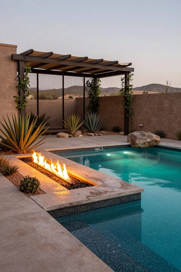 21 Dreamy Pool Mood Lighting Ideas For Soft Evening Vibes Stone-edged swimming pool at dusk with linear gas fire pit along one side emitting flames, agave plants and rocks nearby, pergola structure, and distant mountains.