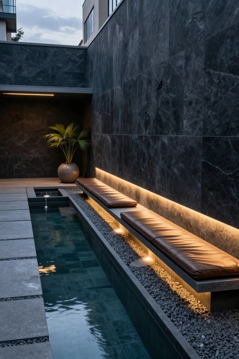 21 Dreamy Pool Mood Lighting Ideas For Soft Evening Vibes Narrow rectangular pool in a dark stone-walled courtyard with built-in concrete benches along one side topped by leather cushions, illuminated by recessed LED strips underneath, surrounded by pebbles and a potted palm plant.