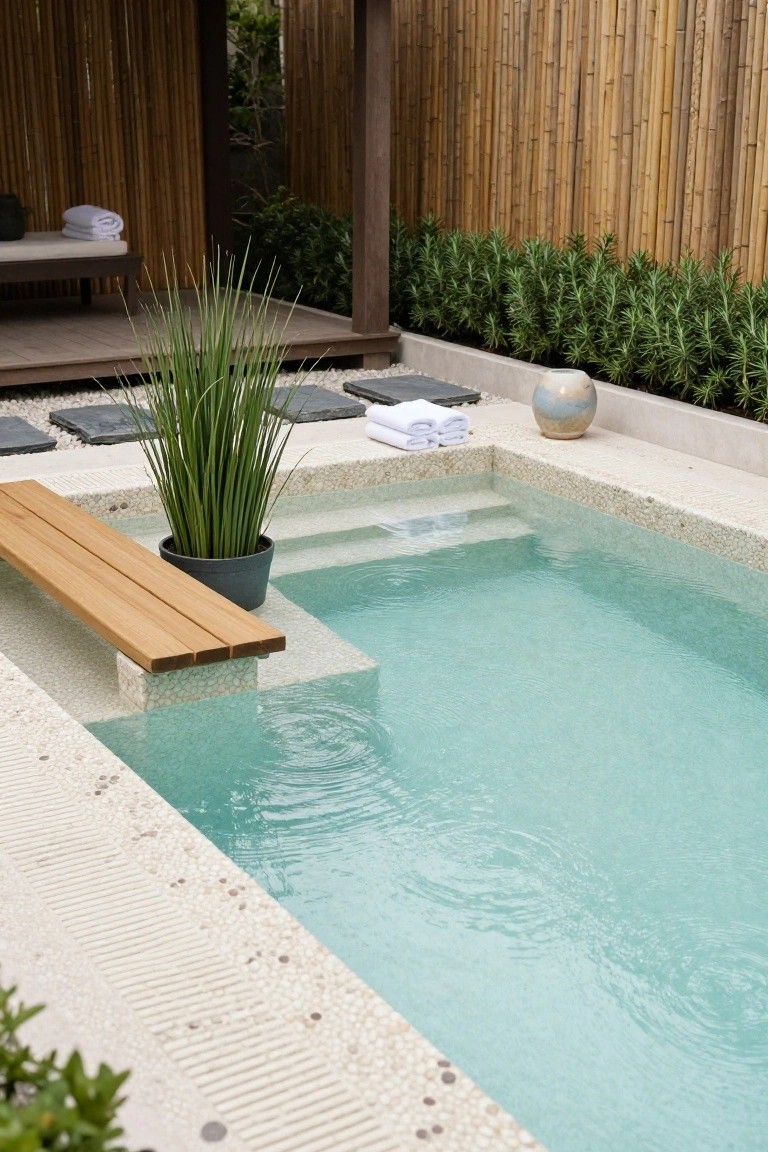 Small turquoise half-inground pool with pebble mosaic tiling, wooden bench extending over the edge as an entry step, flanked by potted grasses and surrounded by bamboo fencing and stone decking.