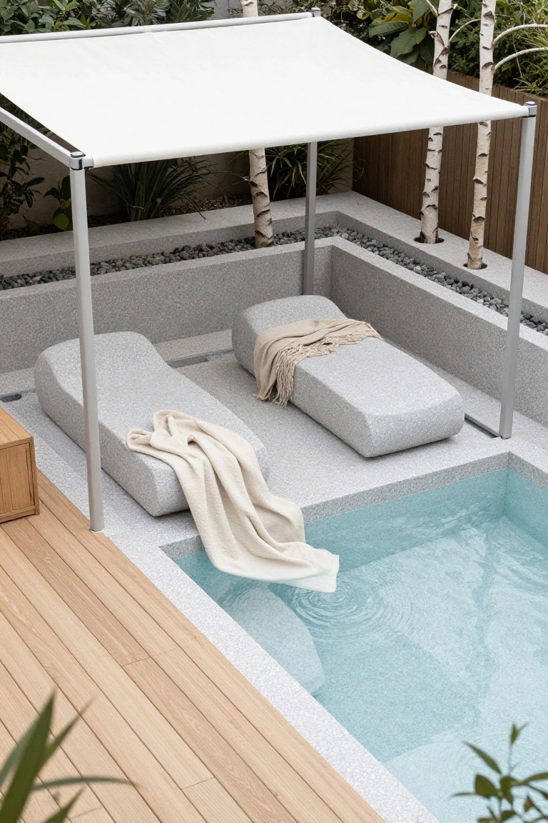 Overhead view of a small turquoise half-inground pool with two curved light gray concrete loungers positioned at the edge, white blankets draped on them, white fabric shade canopy above, pebble mulch ground cover, birch trees, and adjacent light wood deck.