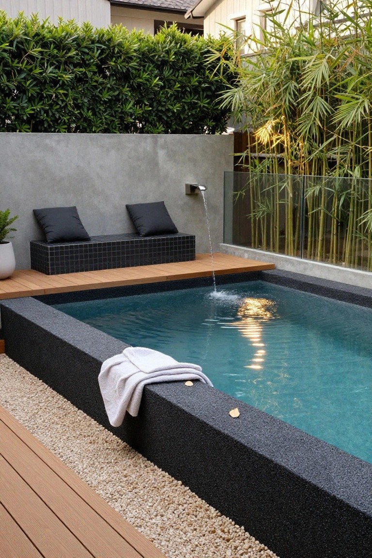 A small rectangular turquoise half-inground pool with black pebble coping, integrated black tiled bench seat, wood deck platform, wall-mounted water feature, white towel on edge, potted plant, surrounded by bamboo screen, hedges, concrete walls, and gravel in a backyard.