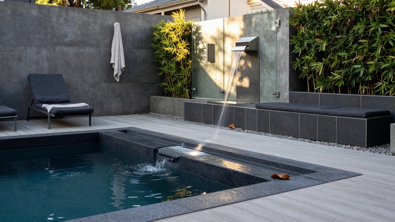 A small rectangular turquoise half-inground pool with black pebble coping, integrated black tiled bench seat, wood deck platform, wall-mounted water feature, white towel on edge, potted plant, surrounded by bamboo screen, hedges, concrete walls, and gravel in a backyard.
