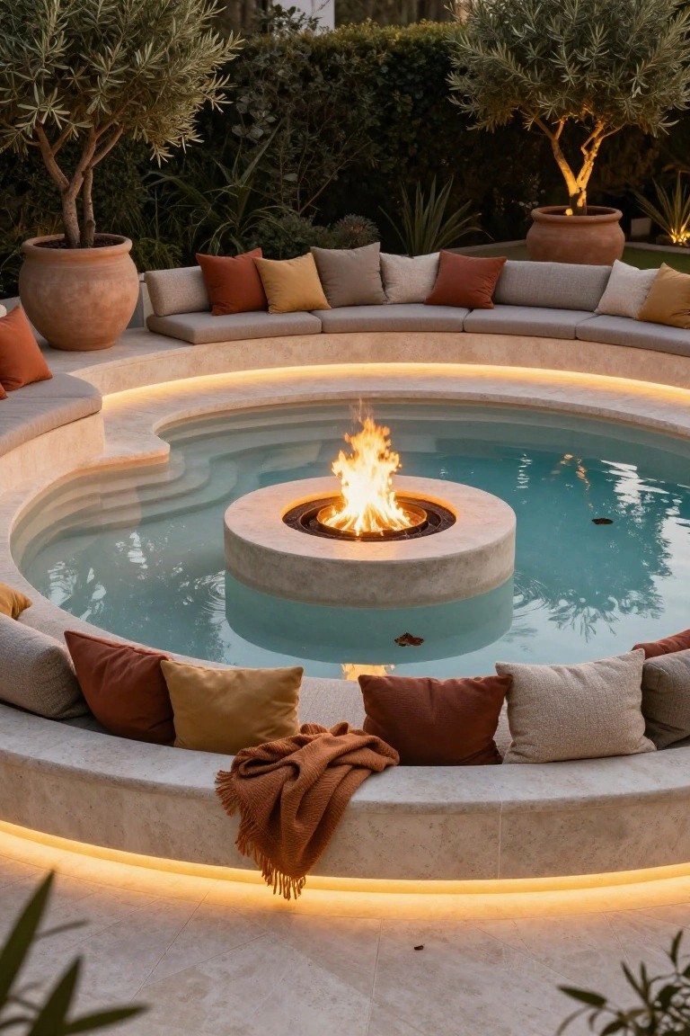 Circular half inground pool with central round stone fire pit burning brightly, surrounded by curved continuous bench seating in beige stone with assorted earth-tone cushions and throws, terracotta pots holding olive trees, and LED strip lighting under the bench edges at dusk.