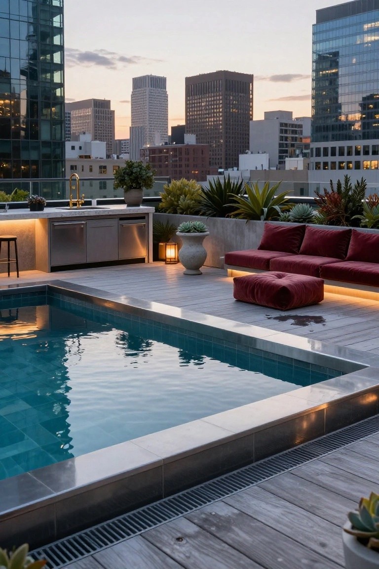 Rooftop terrace with turquoise half-inground pool edged in concrete, stainless steel outdoor kitchen, red velvet modular sofa, potted plants, and city skyline at dusk.