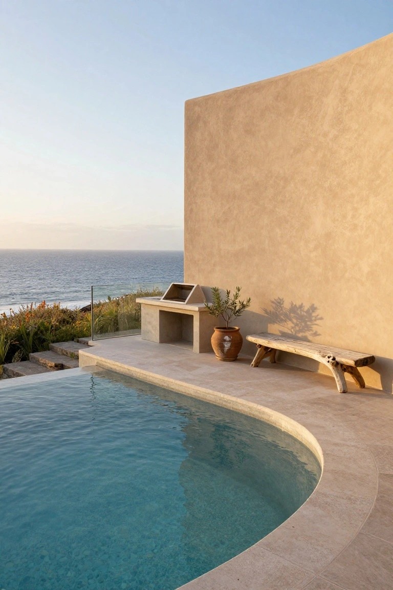 Curved turquoise half inground pool flush with travertine patio next to beige stucco wall, built-in stone BBQ station, terracotta pot with olive tree, driftwood bench, glass railing overlooking ocean and coastal plants.