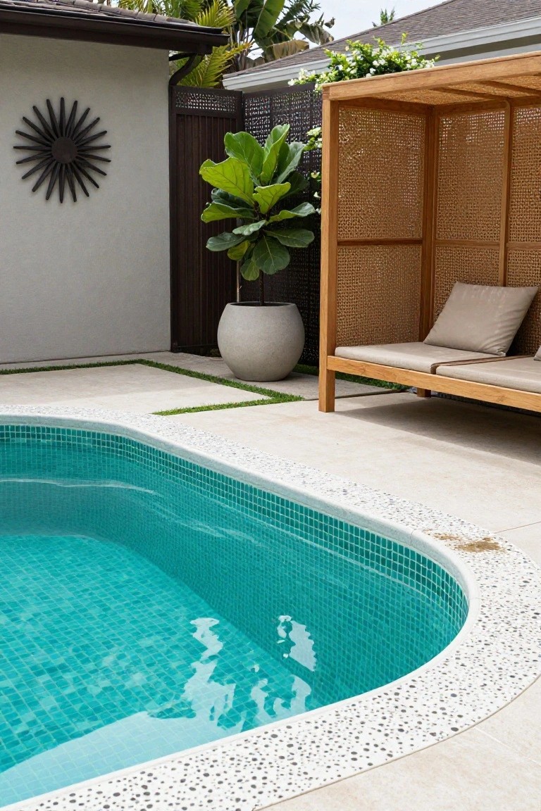 Curved half-inground swimming pool lined with turquoise mosaic tiles and edged with white pebble coping on a light-colored stone deck, next to wooden outdoor seating structure with cushions and potted plants.