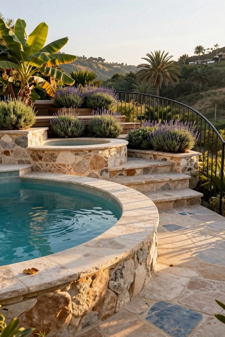 Curved turquoise half inground pool with beige natural stone edging and terraced walls, adjacent stone hot tub, lavender plants, banana trees, black metal railing, and hillside background at sunset.