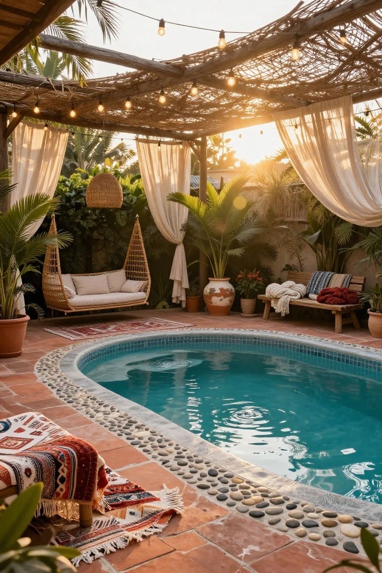 Turquoise half inground pool with curved pebble edging on terracotta tile patio, surrounded by plants, hanging rattan swing seat, wooden bench, rugs, and sheer curtains under a wooden pergola with string lights.
