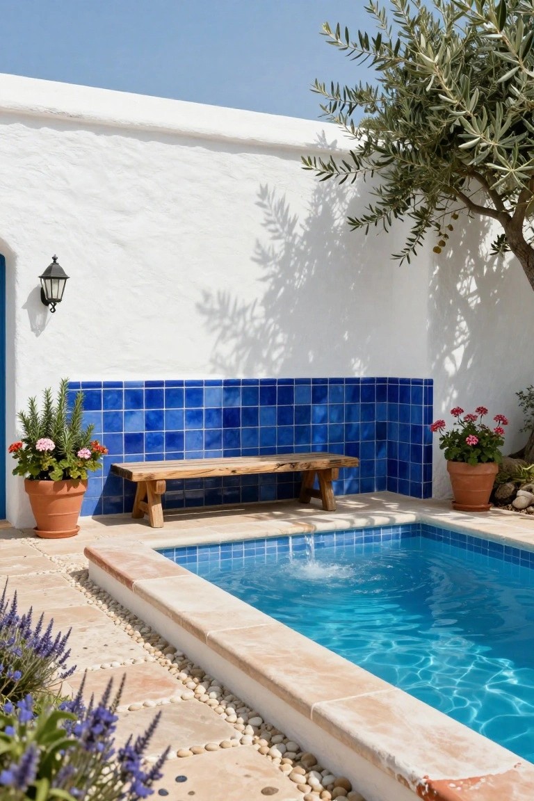 A wooden bench positioned against a section of blue mosaic tiles on a white stucco wall beside a small rectangular blue-tiled half-inground pool, with potted geraniums, rosemary, lavender, and pebbles along terracotta-edged patio stones under an olive tree.