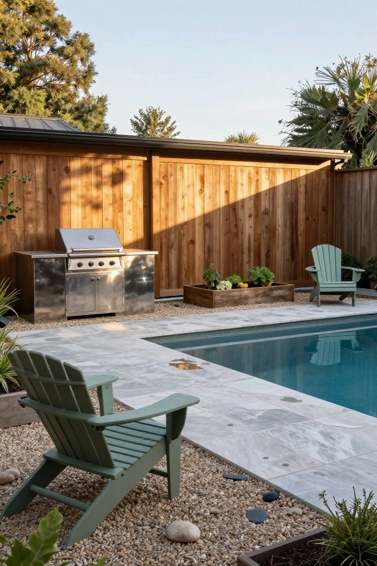 Half inground pool with light gray travertine decking, stainless steel built-in BBQ grill on cabinet base, wooden raised planter with vegetables and herbs, green Adirondack chairs, pebble ground cover, wooden fence, and tropical plants.