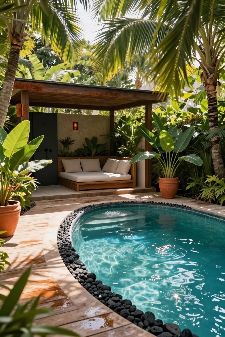 Curved turquoise half-inground pool with black pebble edging on a wooden deck, adjacent to a cushioned wooden daybed under a pergola structure surrounded by tropical plants and terracotta pots.