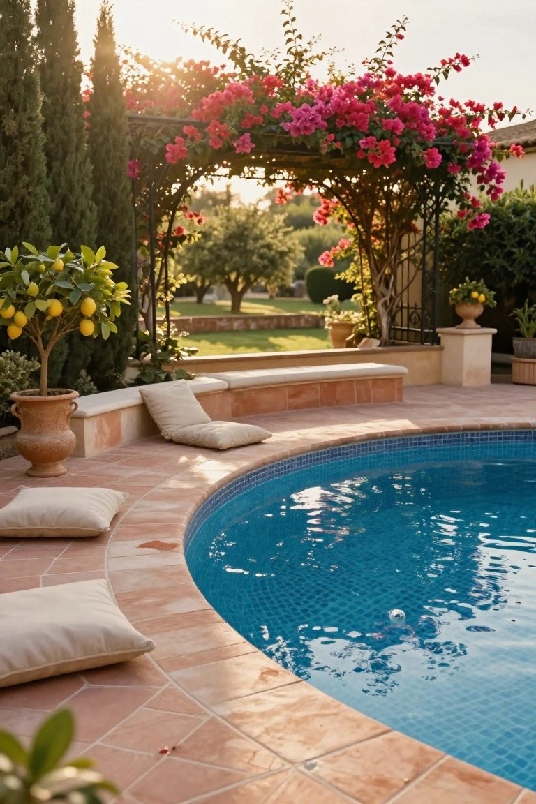Curved blue half-inground pool with terracotta tiled surround, built-in beige bench topped with pillows, additional floor cushions, potted lemon trees, wrought-iron arch covered in pink bougainvillea, and cypress trees beside a garden lawn at sunset.