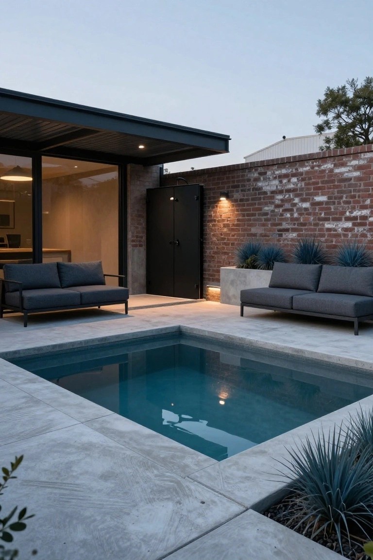 Modern outdoor courtyard with small rectangular blue pool, polished concrete decking, two dark grey modular sofas on metal frames, blue agave plants in concrete planters, brick wall, black outdoor cabinet, and glass door to interior at dusk.
