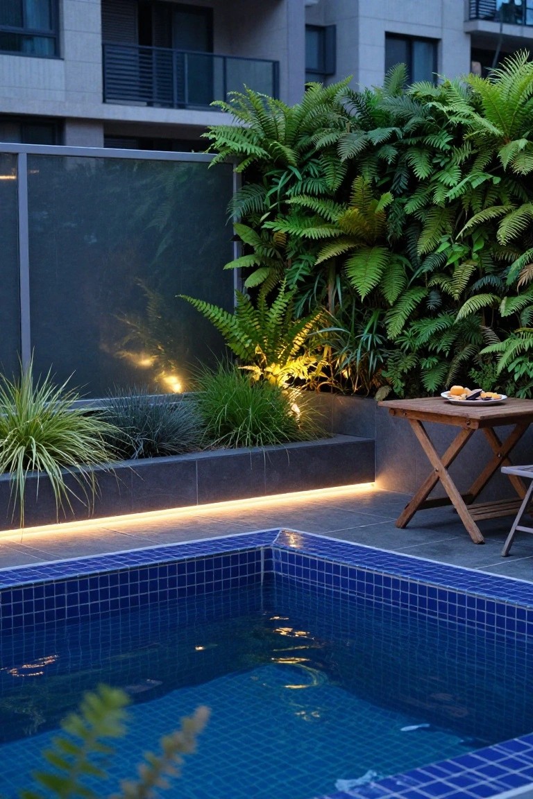 Blue mosaic-tiled half inground pool edged with black stone raised planters containing grasses and ferns, wooden table with chairs nearby on a tiled terrace surrounded by a green wall and glass screen at dusk.