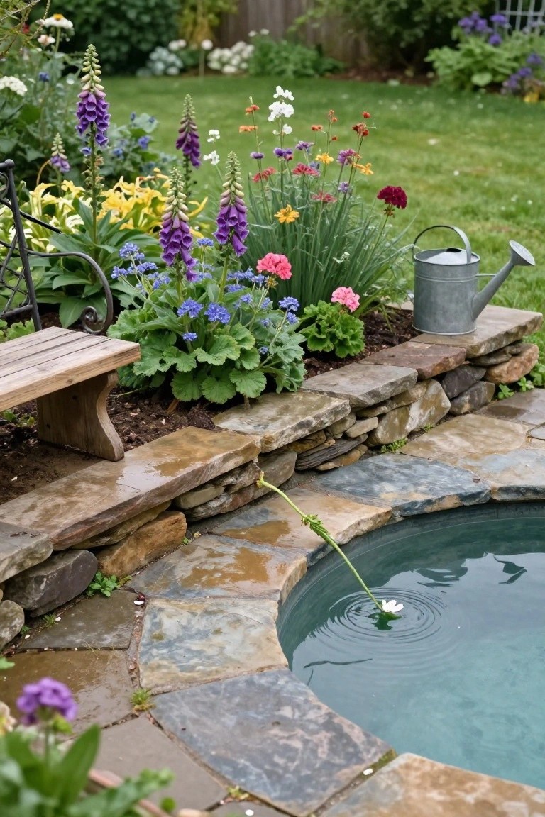 Half inground turquoise pool edged by irregular dry stacked stone walls with colorful perennials including purple foxgloves and blue veronicas overflowing nearby, wooden bench on stone patio, metal watering can, and white daisy floating on water surface.