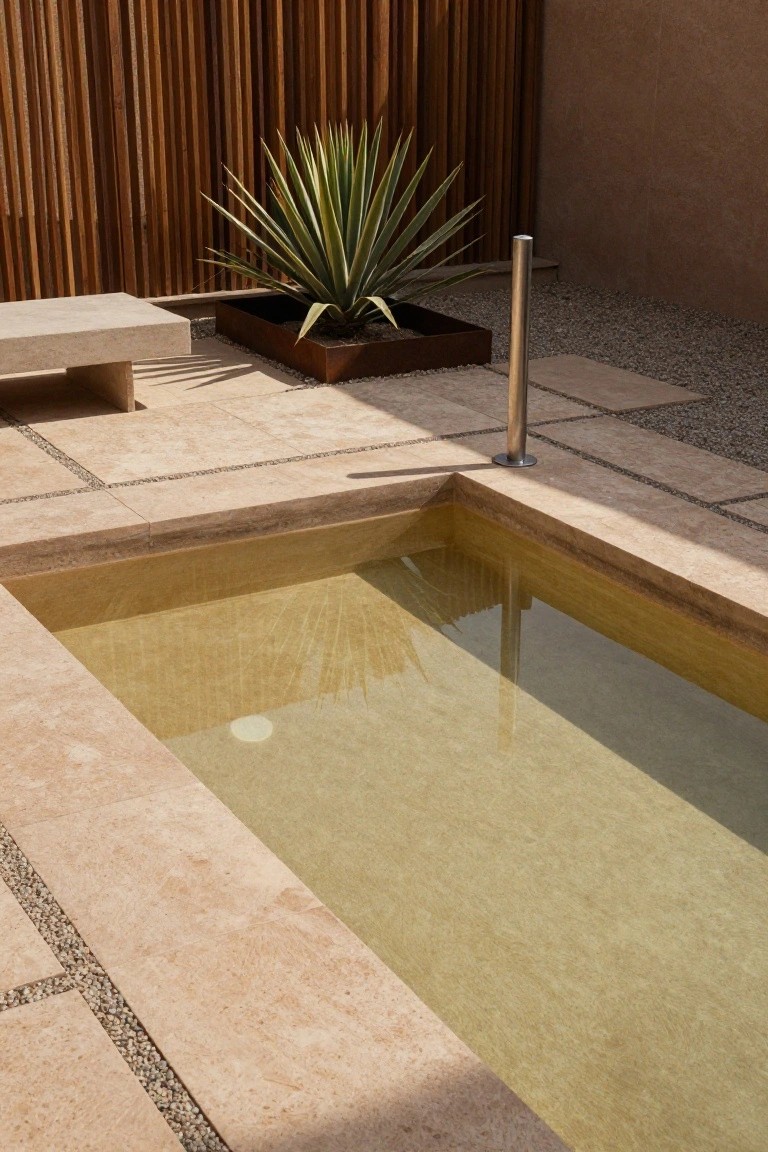 Close view of a shallow half-inground pool with light beige travertine stone surround and decking, next to a concrete bench, metal planter with agave plant, stainless steel pole, pebble gravel accents, and wooden slat fence in the background.