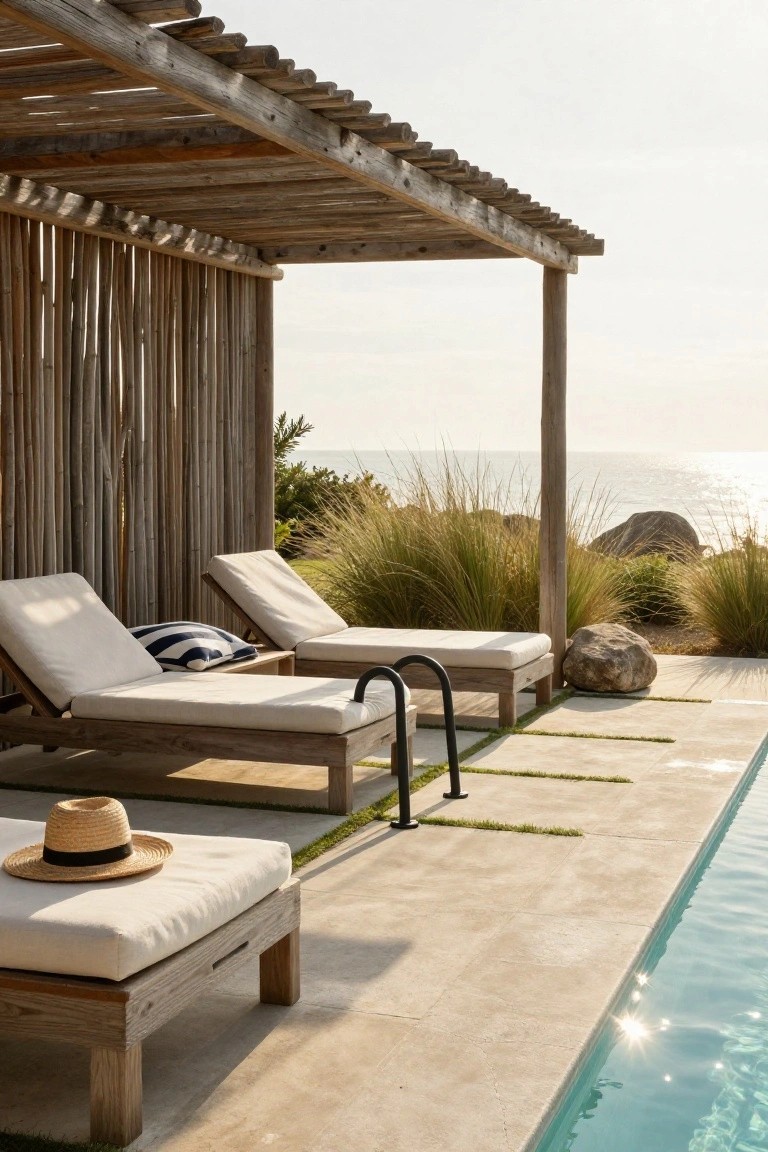 Wooden loungers and ottoman beside a rectangular pool under a slatted wooden pergola with bamboo panel walls, surrounded by grasses, rocks, and ocean view.