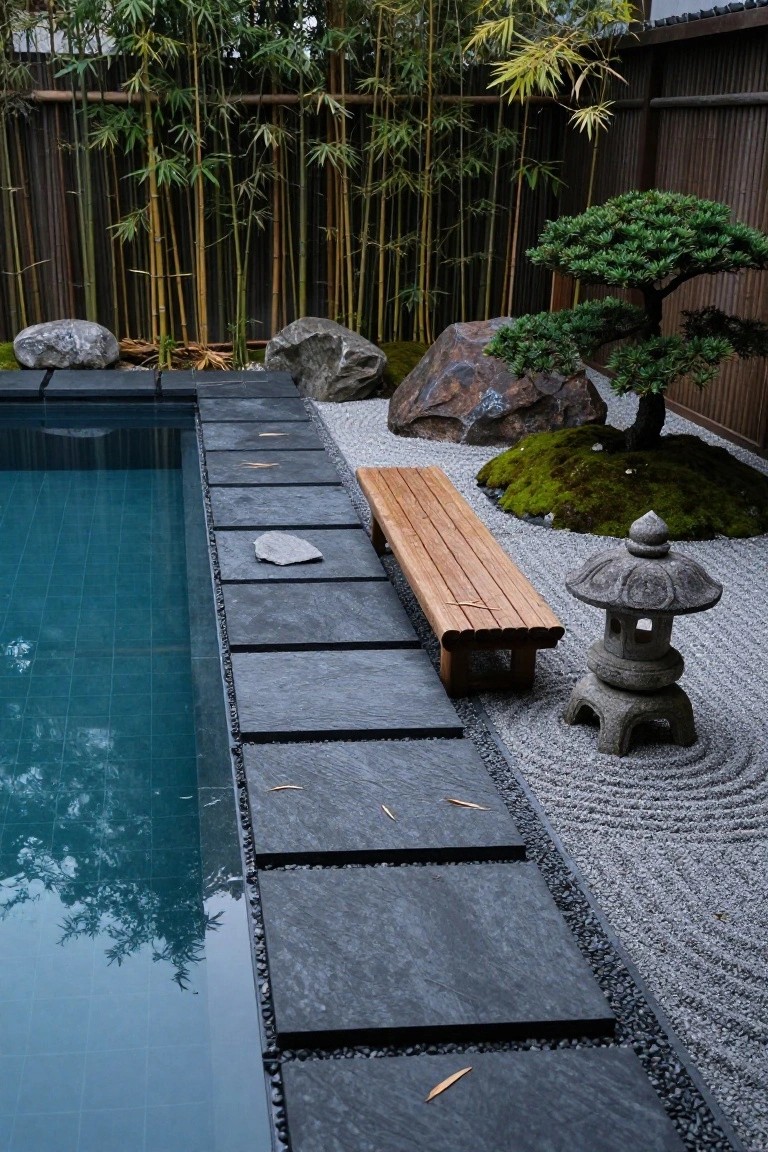 Half inground turquoise pool with black slate tile edging adjacent to wooden bench, stone lantern on gravel zen garden with moss-covered rock island, bonsai tree, large rocks, and bamboo fence background.