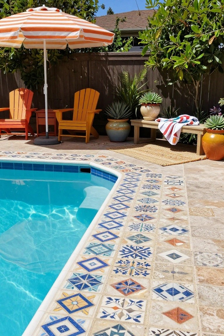 Close view of a turquoise pool edged with intricate blue, white, and multicolored patterned ceramic tiles on a beige stone deck, with orange Adirondack chairs, a striped umbrella, wooden bench draped with towels, and potted plants nearby.