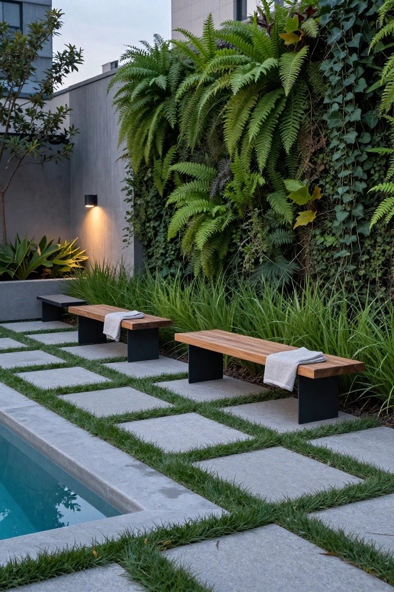 Gray concrete pavers in a grid pattern separated by green grass strips form a pool deck path, flanked by wooden benches with towels, lush fern wall, and edge of a pool.
