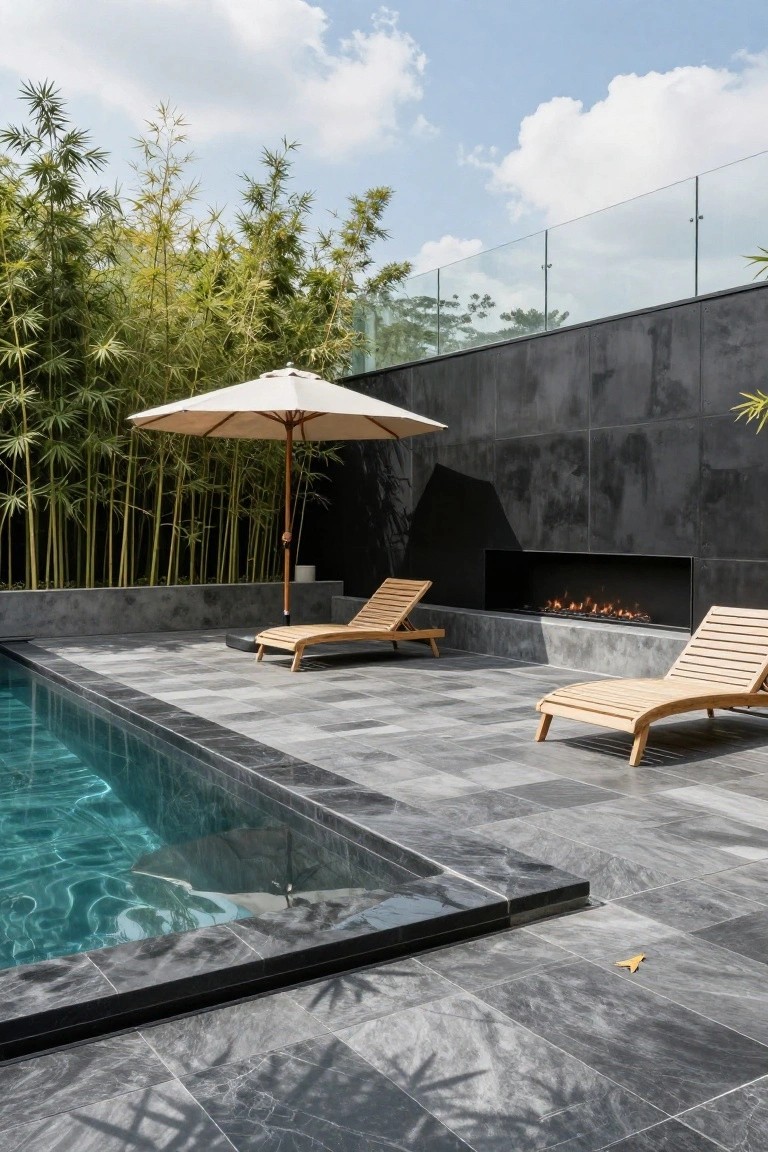 Modern pool deck paved in dark gray textured stone tiles edged in black, featuring two teak loungers, a linear gas fire pit, beige umbrella near bamboo screening, and a turquoise pool.